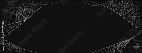 Happy Halloween banner vector illustration, Halloween cobweb board decoration, spooky scary spider web on dark black background with copy space, Autumn holiday decorating celebration.