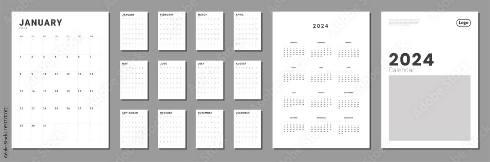 Set of Monthly pages Calendar Planner Templates 2024-2025 with Cover. Vector layout of a vertical simple calendar with week start Monday. Calendar grid for print. Pages for size A4 or 21x29.7 cm Set of Monthly pages Calendar Planner Templates 2024-2025 with Cover. Vector layout of a vertical simple calendar with week start Monday. Calendar grid for print. Pages for size A4 or 21x29.7 cm