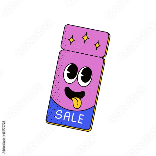 Cool trendy groovy sale promo character of coupon. Isolated vector mascot in comic cartoon style on transparent background with smiling face badges for black friday or shop discount program.
