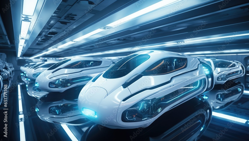 Fototapeta premium Innovative futuristic space time machine capsule in the spaceship background.