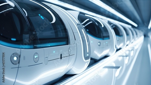 Innovative futuristic space time machine capsule in the spaceship background.