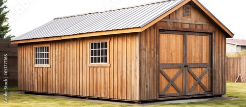 Display of American wooden sheds with metal roof and garage sliding door used for storage hobbies or workshop in a backyard or on an allotment
