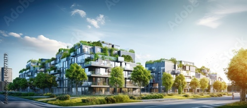 Modern townhouses and new apartment buildings with green outdoor facilities in a sustainable residential area