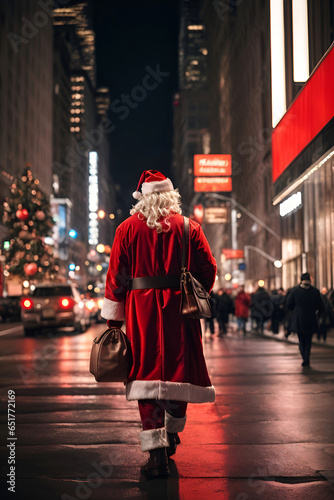 Santa Claus walking down the street, after a hard day of work