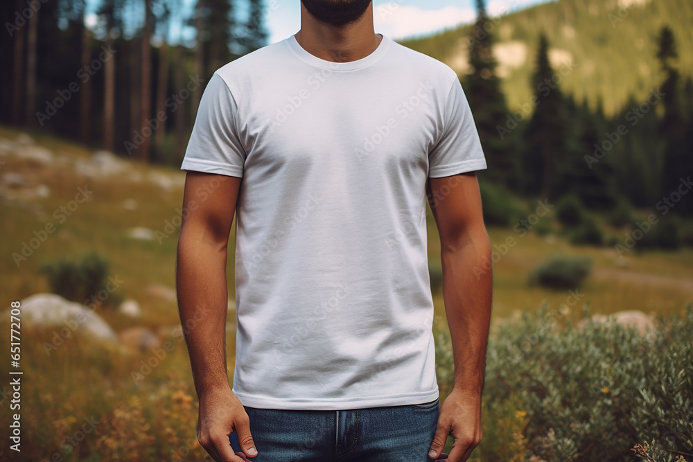 Ai Generated A blank T shirt mockup on a model in a natural outdoor  - obrazy, fototapety, plakaty 