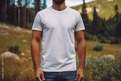 Ai Generated A blank T shirt mockup on a model in a natural outdoor  photo