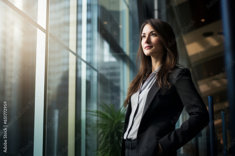smart elegance female adult businesswoman standing smile confident and cheerful wear formal suit portrait shot in modern interior office background smart elegance female adult businesswoman standing smile confident and cheerful wear formal suit portrait shot in modern interior office background