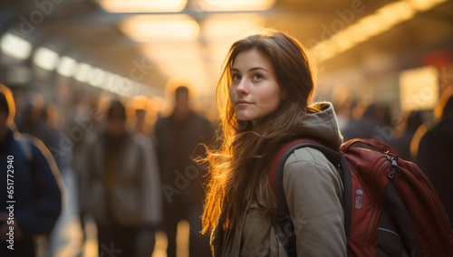 stylish hipster solo traveller female adult woman happiness cheerful stading in railway train platform station terminal waiting for arrival train sunset moment