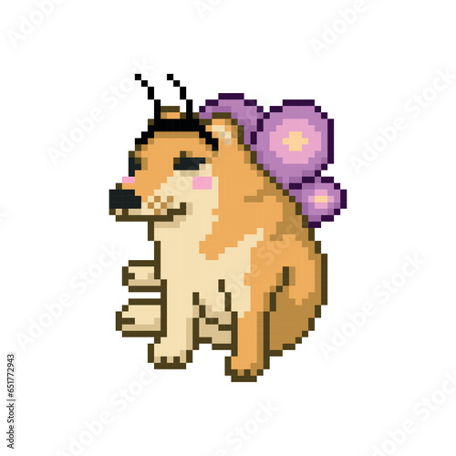 Dog dressed as a butterfly, pixel art meme