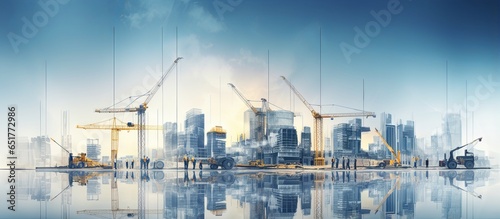 multi exposure of industrial and building constuction city infrastructure background modern building crane and constrction equipment overlay with building engineering concept photo
