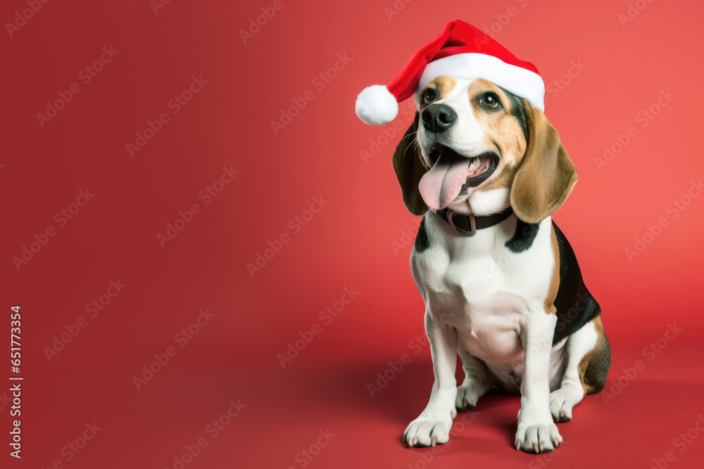 Beagle dog wearing red santa claus hat isolated on pastel background