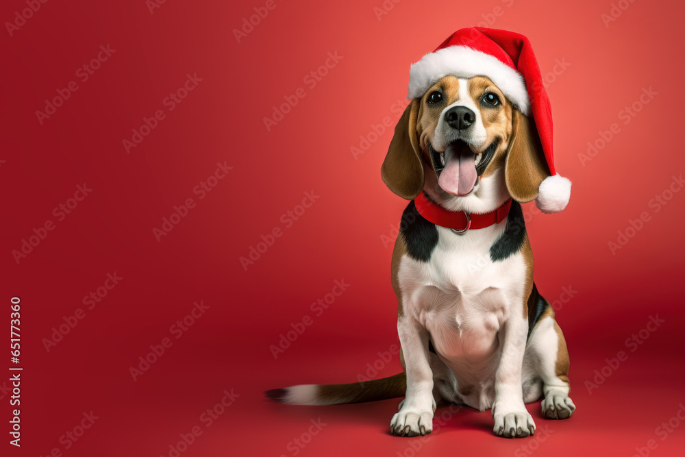 Beagle dog wearing red santa claus hat isolated on pastel background Beagle dog wearing red santa claus hat isolated on pastel background