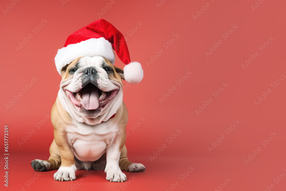Bulldog wearing red santa claus hat isolated on pastel background