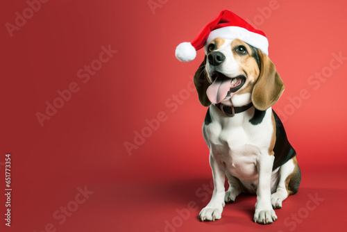 Beagle dog wearing red santa claus hat isolated on pastel background © pariketan
