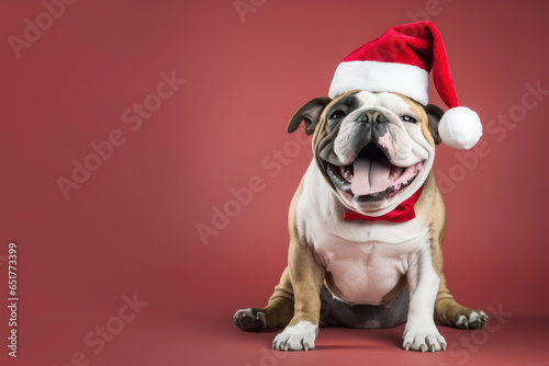Bulldog wearing red santa claus hat isolated on pastel background © pariketan