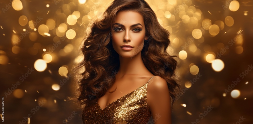 Alluring young Latin woman gracefully draped in a glimmering gold dress, emanating sophistication against a luminous golden backdrop. Premium imagery that captures cultural elegance