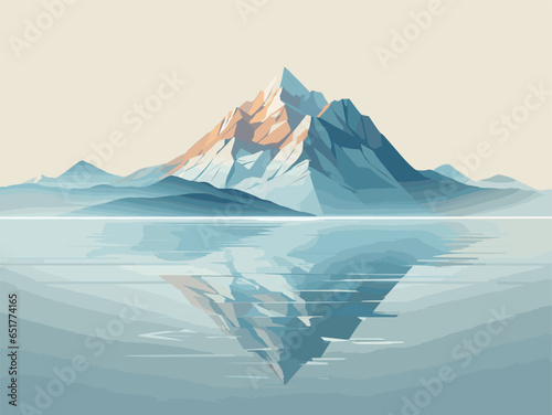 Picture an intricate vector depiction of a minimalist natural scene, where a solitary mountain peak stands tall amidst still waters. Craft the composition with meticulous attention to detail, using a
