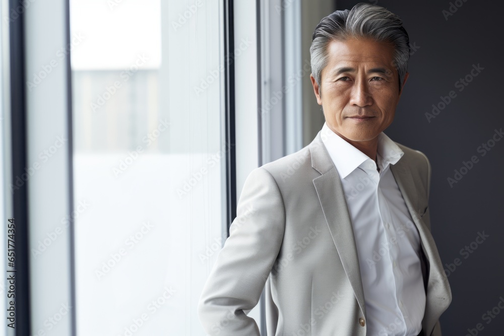 Fototapeta premium smart elegance senior old adult businessman standing smile confident and cheerful wear formal suit portrait shot in modern interior office background