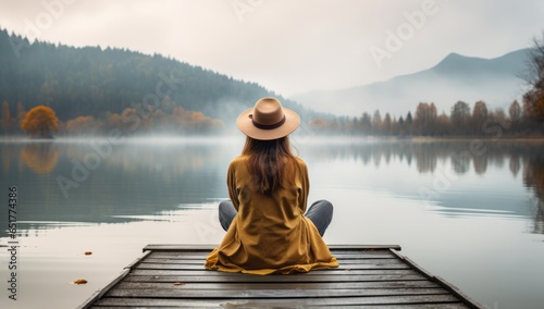 peaceful alone woman female traveller sit casual relax on wooden deck at the end of deck with stunning reflecting lake with beautiful day nature travel concept © VERTEX SPACE