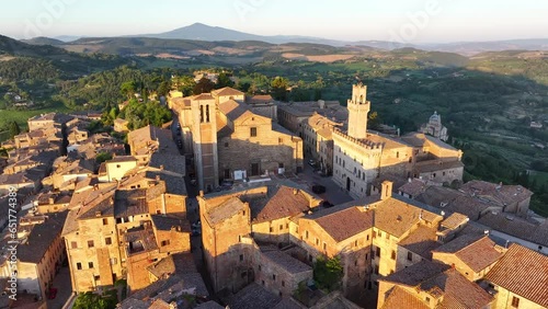 Wallpaper Mural Aerial view of the medieval town of Montepulciano at sunrise, Cathedral Saint Mary Of The Assumption, Piazza Grande and Palazzo Comunale, in the province of Siena, Tuscany, Italy Torontodigital.ca