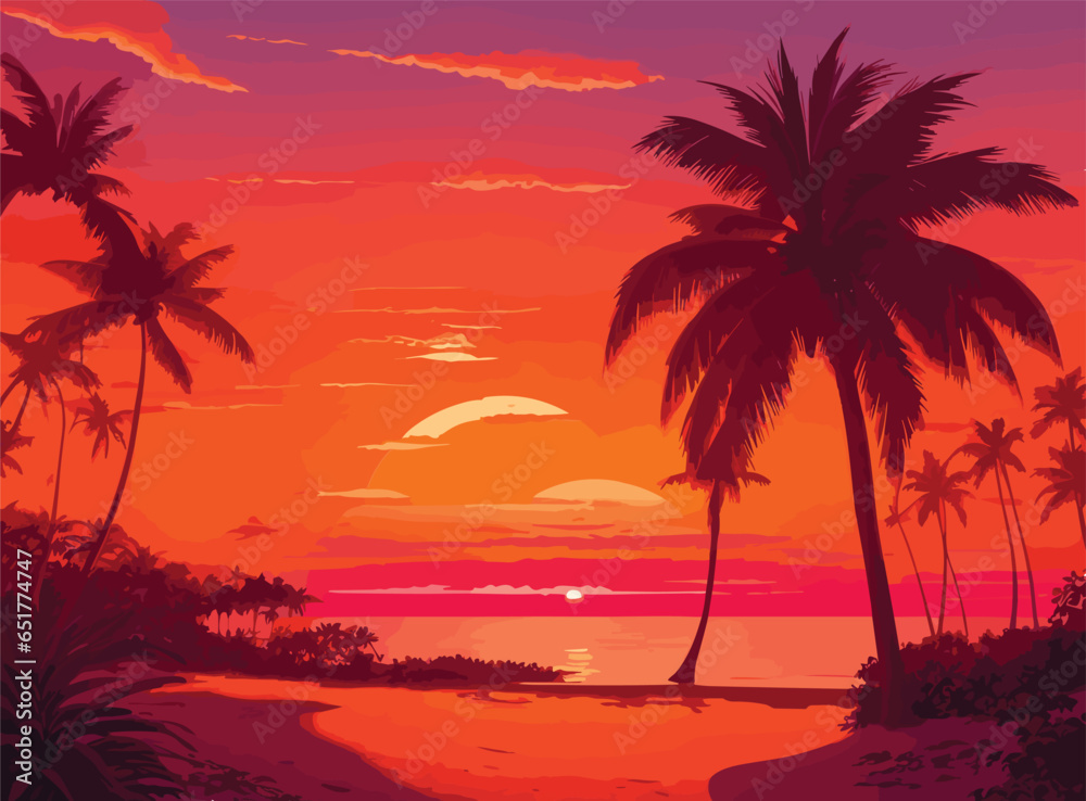 Illustrate a tropical paradise at sunset, where palm trees cast long shadows on golden sands, and vibrant hues of orange and pink fill the sky as the sun dips below the horizon.
