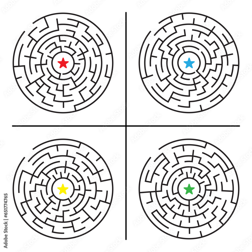 Set of four circle maze puzzle game,geometric labyrinth vector illustration. Set of four circle maze puzzle game,geometric labyrinth vector illustration.