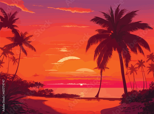 Illustrate a tropical paradise at sunset, where palm trees cast long shadows on golden sands, and vibrant hues of orange and pink fill the sky as the sun dips below the horizon. © Nadula