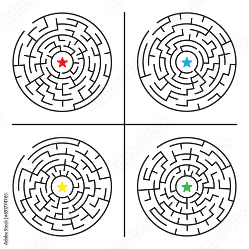 Set of four circle maze puzzle game,geometric labyrinth vector illustration.