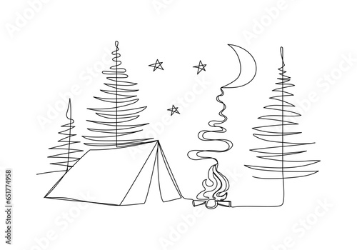 Tent and campfire in continuous one line art style. Night camping concept. Simple vector illustration