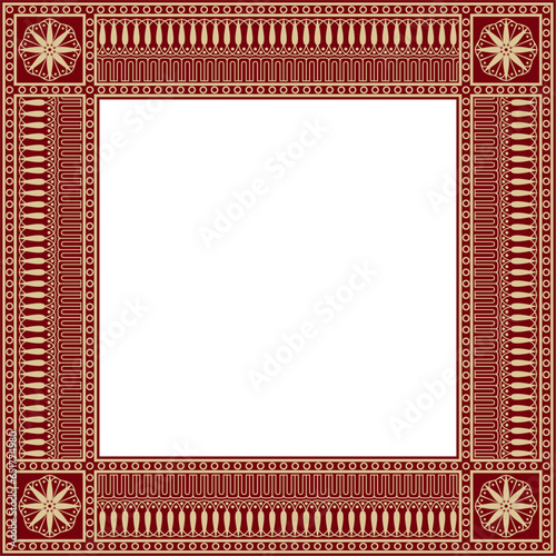 Vector gold and red square classic greek meander ornament. Pattern of ancient Greece. Border, frame of the Roman Empire