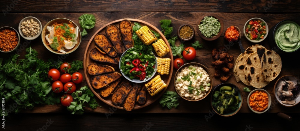 Vegan fast food spread on wooden table