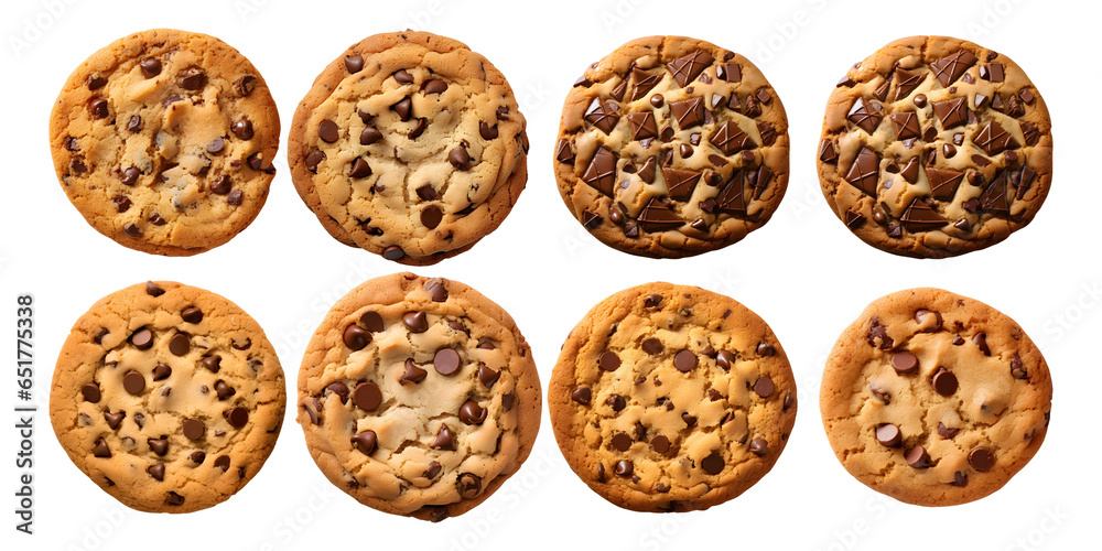Set of Chocolate chip cookie, top view with transparent background Set of Chocolate chip cookie, top view with transparent background