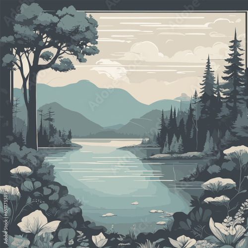 Design an intricate vector illustration that transports viewers to a tranquil and idyllic natural setting. Utilize meticulous detailing to portray a calm lake, gentle rolling hills, a serene forest