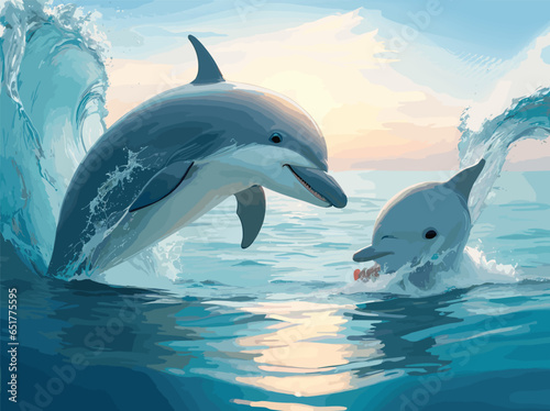 Illustrate a serene moment of connection between a person and a dolphin  as they share a joyful dance in the shallows of the sea during a beautiful morning.