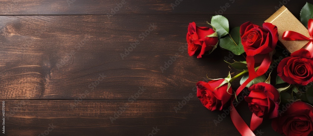 Aerial view of Valentine s card with bubbly red gift and roses Empty area for writing