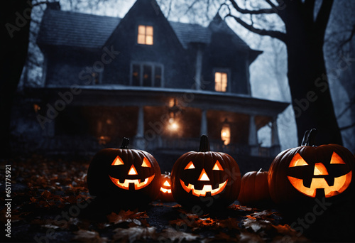 Halloween pumpkins in front of scary haunted house at night with leafless trees. Selective focus