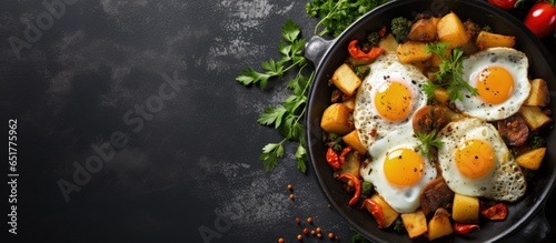 Traditional American hash with eggs seen from above