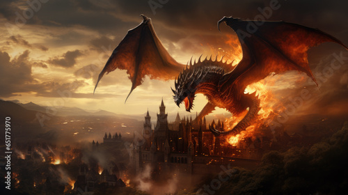 a dragon attacks a castle in the middle ages © jr-art