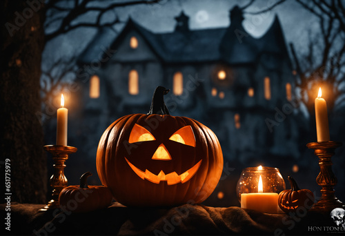Halloween pumpkins in front of a haunted house and candles, on a cloudy night