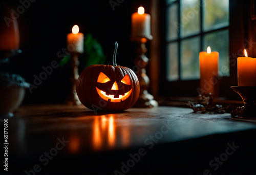 Halloween pumpkin head jack o lantern with burning candles in dark room on the table near a window