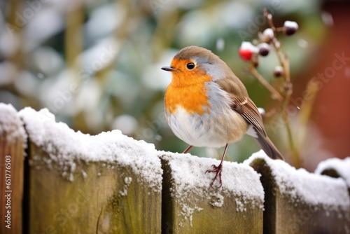 Vászonkép A European robin perching on a garden fence.