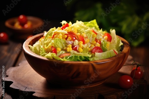 Chinese cabbage salad with sweet corn in a wooden bowl.