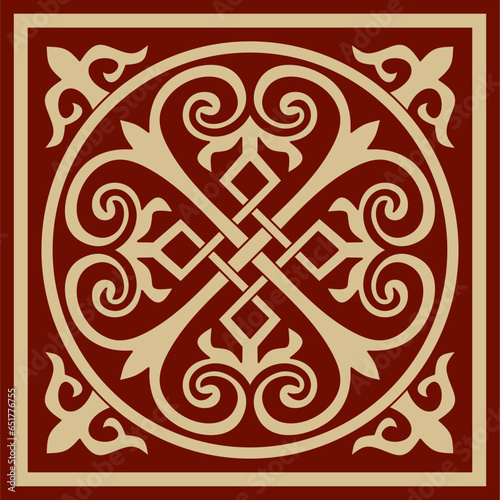 Vector red square Byzantine ornament, knot, rosette. Circle Greek pattern, Drawing of the Eastern Roman Empire. Decoration of the Russian Orthodox Church