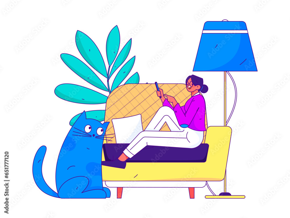 Fototapeta premium Home indoor character scene flat vector concept operation hand drawn illustration