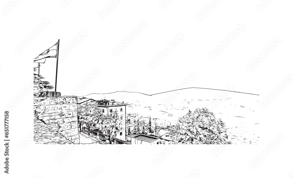 Building view with landmark of San Marino is the capital city in Republic San Marino. Hand drawn sketch illustration in vector.