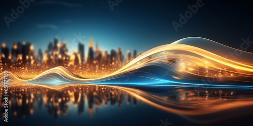 Business and Finance in a Night City: Blue and Gold Light Waves Flowing Down a Narrow Street. Generative ai