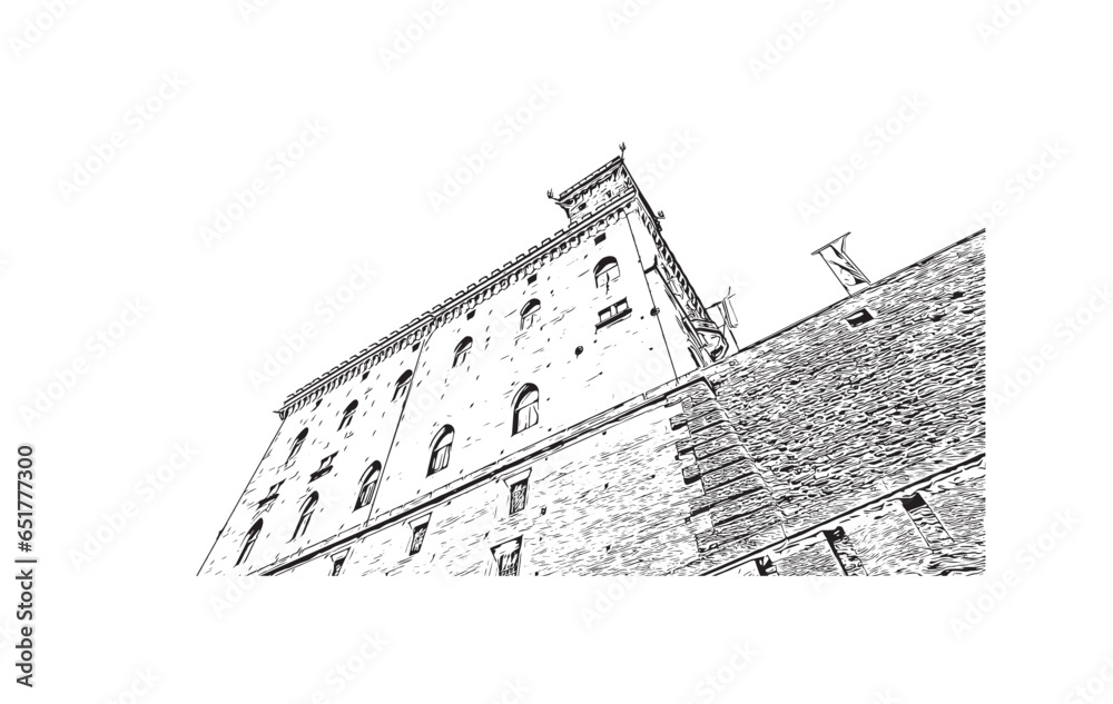 Building view with landmark of San Marino is the capital city in Republic San Marino. Hand drawn sketch illustration in vector.