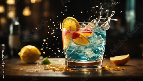 Splashing blue cocktails isolated on blurred background