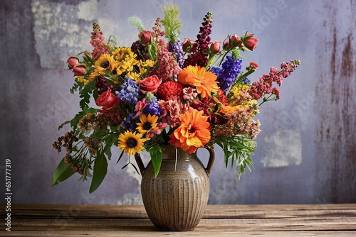 ai geneA bouquet_of_vibrant_flowers_in_a_rustic_vase