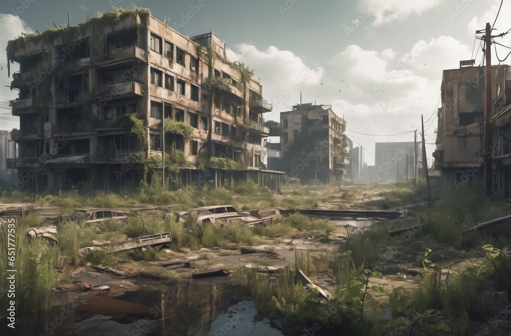 Abandoned city and lush vegetation